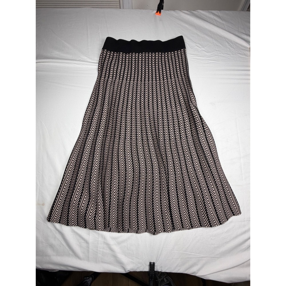 Luna Women Petite Large Black Tan Chevron Knit Midi Skirt 352BPS A-Line Flare